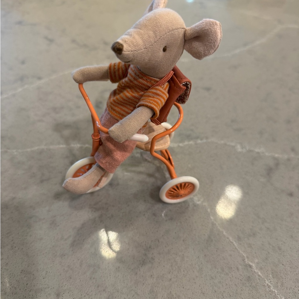 Maileg Sister Mouse on Orange Tricycle